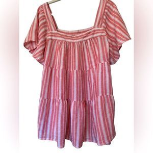 Terra and Sky Striped White and Rustic Red Flowy Top